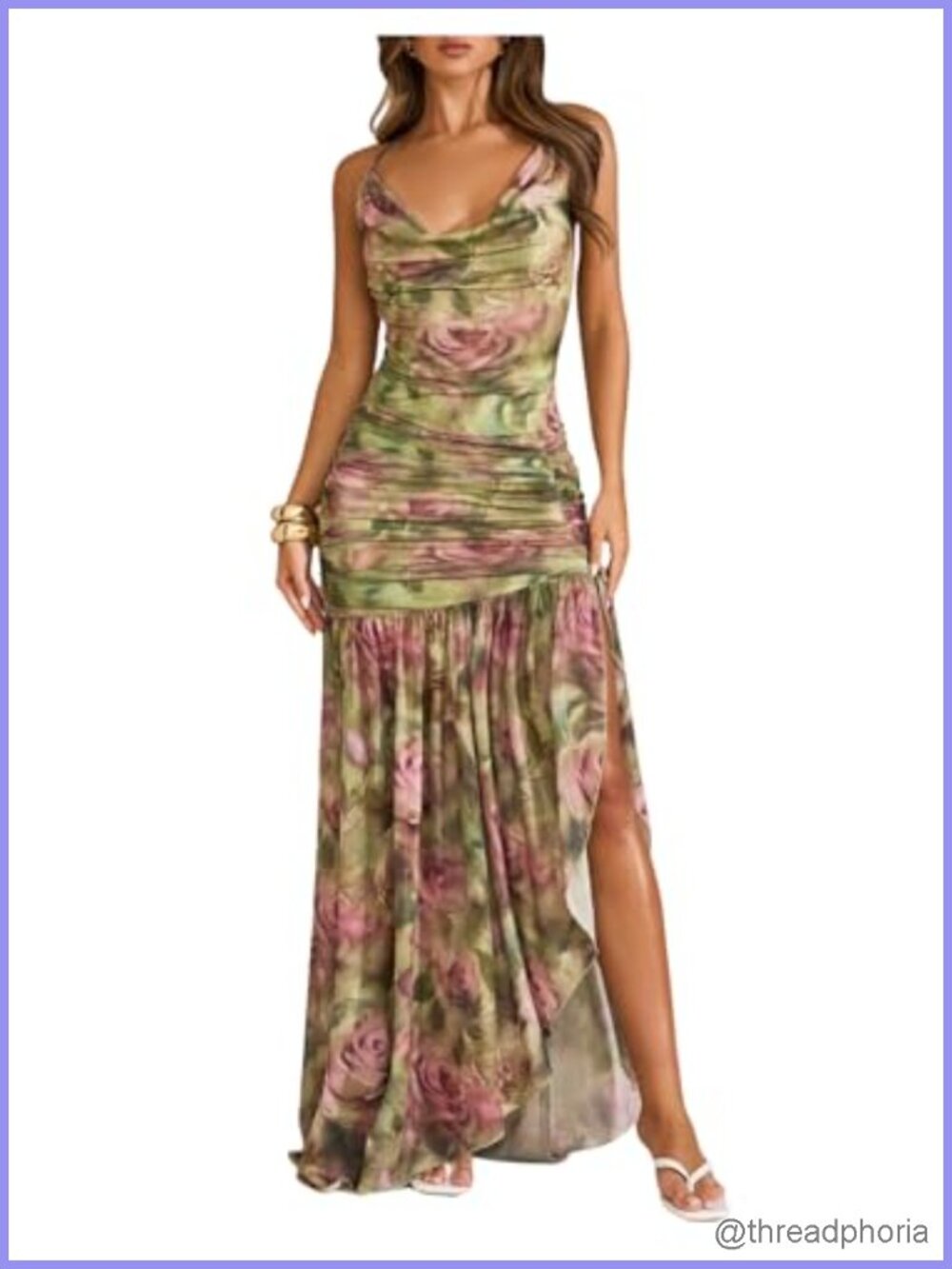 Floral Print Cowl Neck Maxi Dress with Ruffle Hem Split